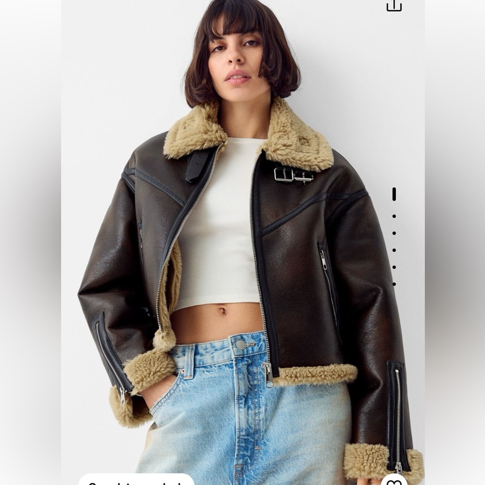 BERSHKA Distressed double-sided faux leather trucker jacket SIZE XS